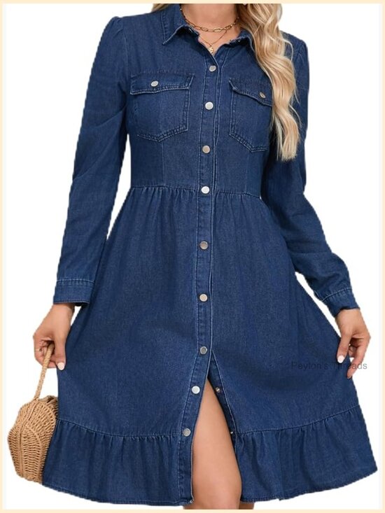 Dresses & Skirts - Flowy Denim Midi Dress A Line Ruffle Puff Long Sleeve Button Down Lapel Casual